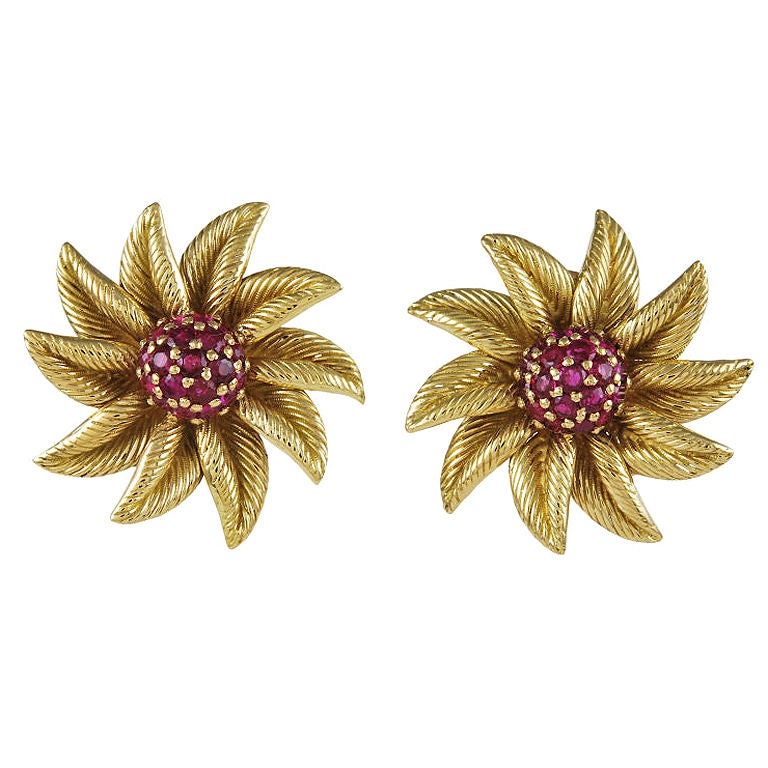 Tiffany & Co. Ruby Flower Retro Gold Earrings