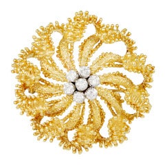 Vintage Textured Diamond and Gold Brooch