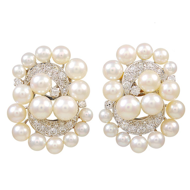 Magnificent Pearl Diamond Ear Clips For Sale at 1stDibs