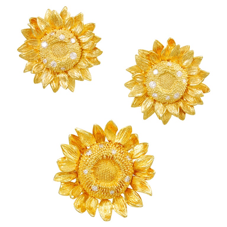 ASPREY Sunflower Gold Diamond Earring and Pin Suite