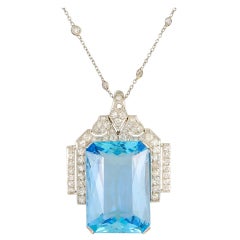 Superb Art Deco  Large Aquamarine and Diamond Platinum Pendant