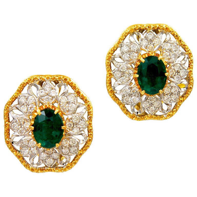 MARIO BUCCELLATI Diamond and Emerald Lacy Ear Clips at 1stDibs