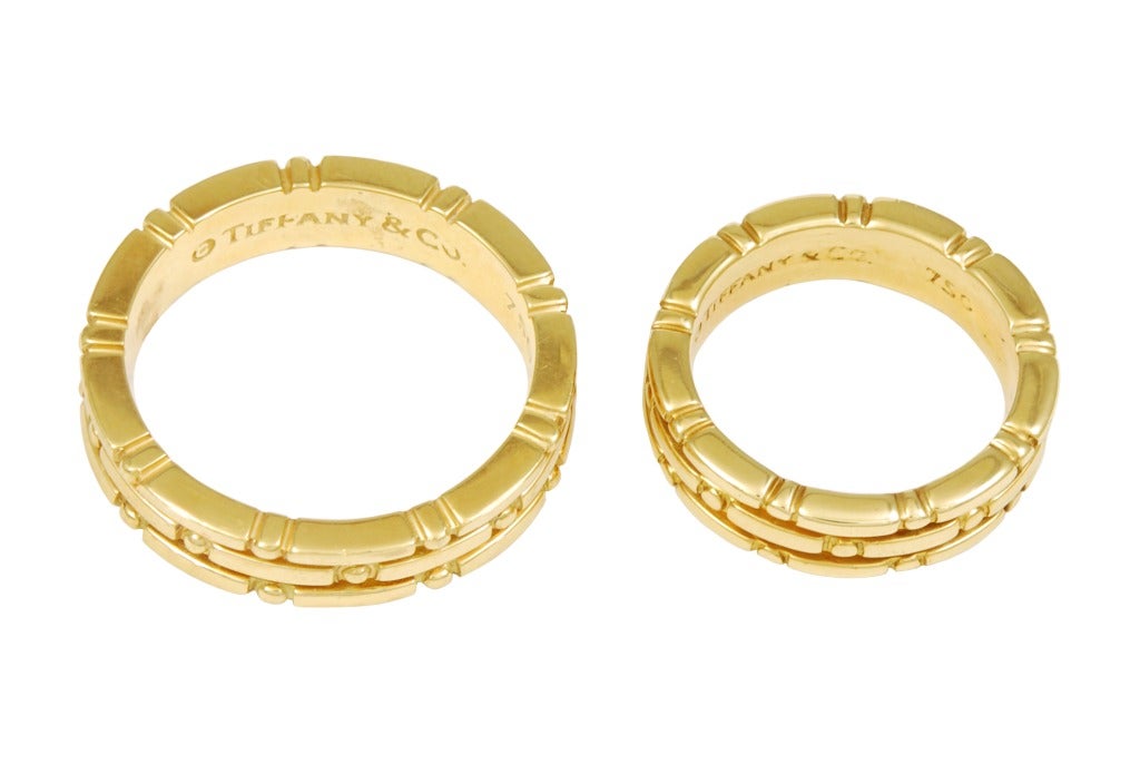 Tiffany & Co. matching 18K gold wedding bands.
Mens size 11; womens size 6;
Heavy gauge gold, a beautiful pattern no longer being made.Priced separately womens $1900, Mens $2800