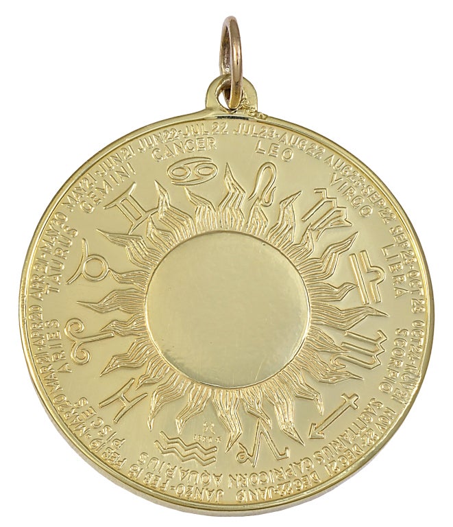 Bright  beautiful large "Virgo" pendant/ charm in 18k yellow gold. Strong stylized Virgo figure. All of the zodiac dates and signs are applied on the reverse side. 1 1/4" in diameter.

Alice Kwartler has sold the finest antique gold