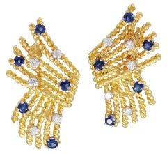 TIFFANY & CO. Schlumberger Gold, Sapphire and Diamond Rope Ear Clips