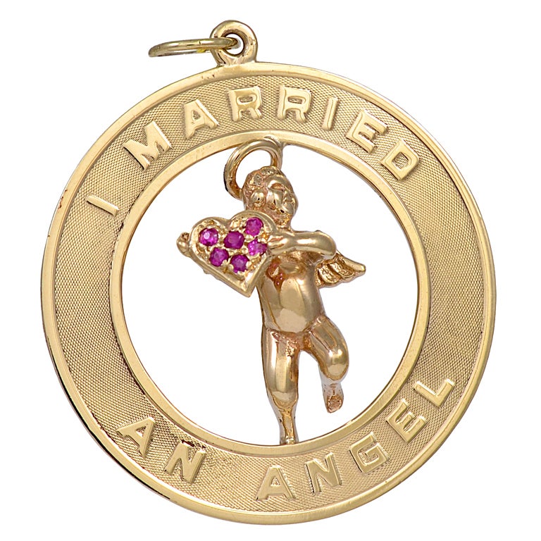 I Married an Angel Ruby Gold Pendant Charm For Sale