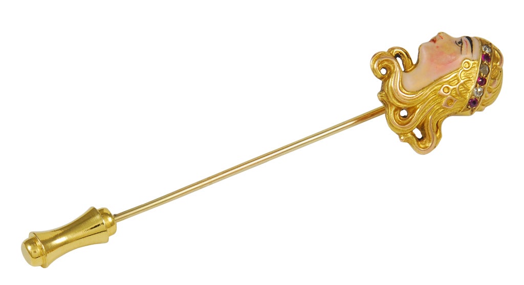 Wonderful Art Nouveau enamel 14k gold stick pin. Beautiful women with flowing hair. Diamond and ruby tiara, Beautiful rosy complextion. Superb condition