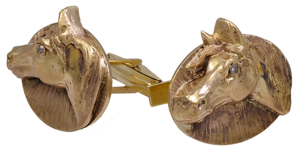 Great 14K gold figural horse head cufflinks.Sculptured with exceptional relief and detail.These horses look real. Diamond eyes. Very strong and dramatic.