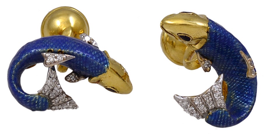 Fabulous figural antique fish cufflinks, made and signed by Tiffany & Co.
18K yellow gold and platinum.  Blue guilloche enamel swimming fish with sapphire eye and diamond tail and fin.  The connector link is a figural fish hook.  Beautiful in