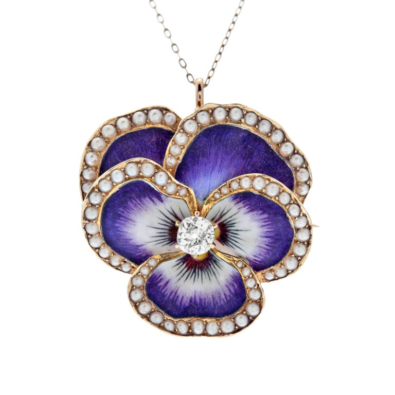 Victorian Diamond Pearl Enamel "Pansy" Gold Pendant Brooch at 1stDibs