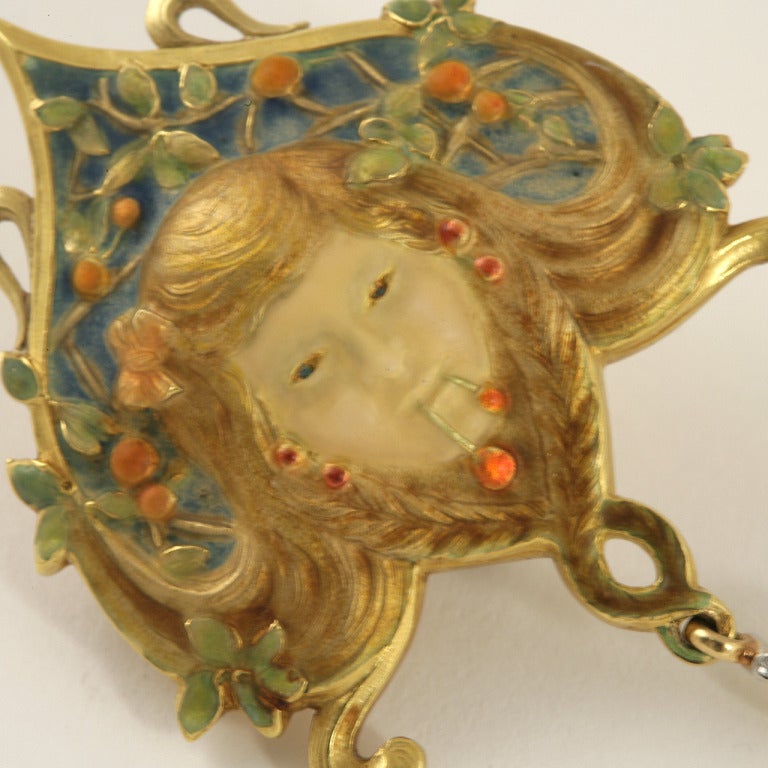 Louis Aucoc Art Nouveau Enamel Pearl Diamond Gold Brooch at 1stDibs ...