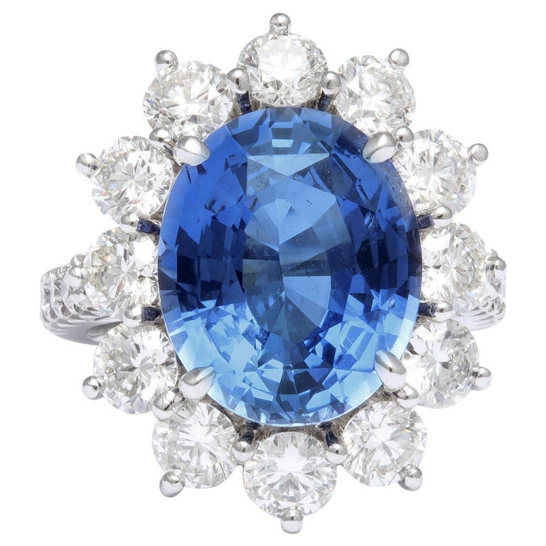 Diamond 9 ct Oval Sapphire Platinum Ring For Sale at 1stDibs