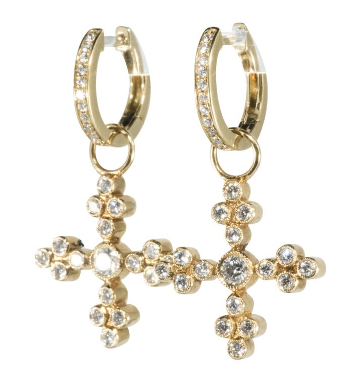Lustrous gold and Diamond Cross Earrings with Huggies at 1stdibs
