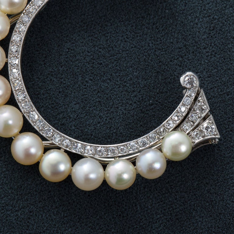 Art Deco Natural Saltwater Pearl and Diamond Clip Brooches For Sale at 1stDibs