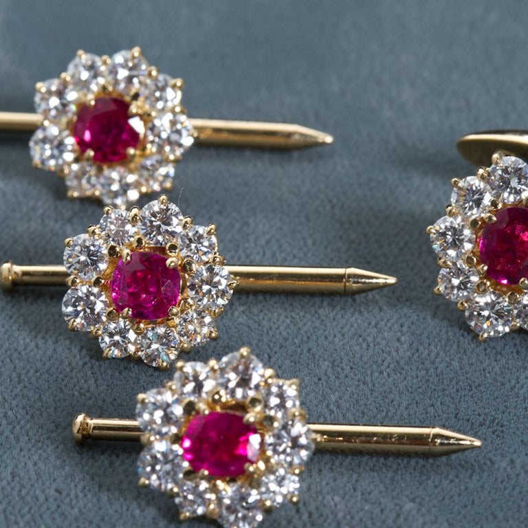 1960s Ruby Diamond Gold Men's Cufflink Stud Set For Sale at 1stdibs