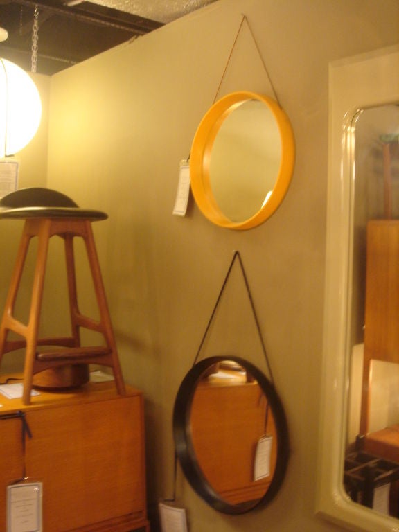 Yellow-Orange Danish Round Mirror with Leather Cord 2