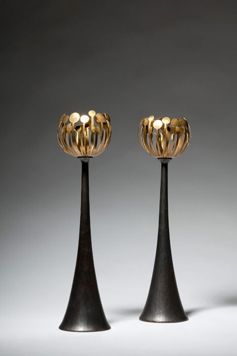 Pistil<br />
Large contemporary patinated bronze candlestick <br />
by Hervé van der Straeten