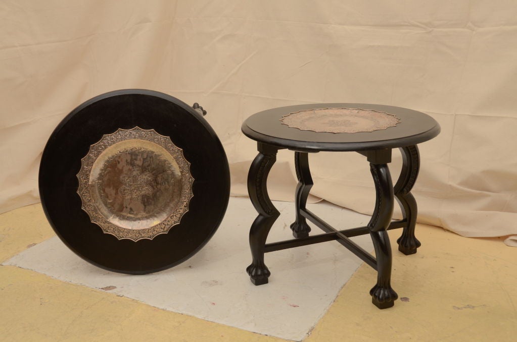 PAIR OF UNUSUAL TABLES WITH TASSEL FOOT EBONIZED BASES--- TOP ENGRAVED WITH DAGGER & SCABBARD