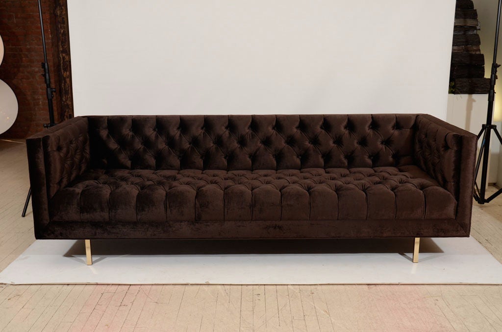 Beautiful and plush, button tufted sofa in a rich chocolate brown velvet with brass legs. This is a design by Las Venus which we refer to as the Ludlow custom sofa, licensed exclusively by and for Las Venus, in your size and choice of 69 shades, the