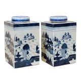 Vintage A Pair of blue and white tea canisters
