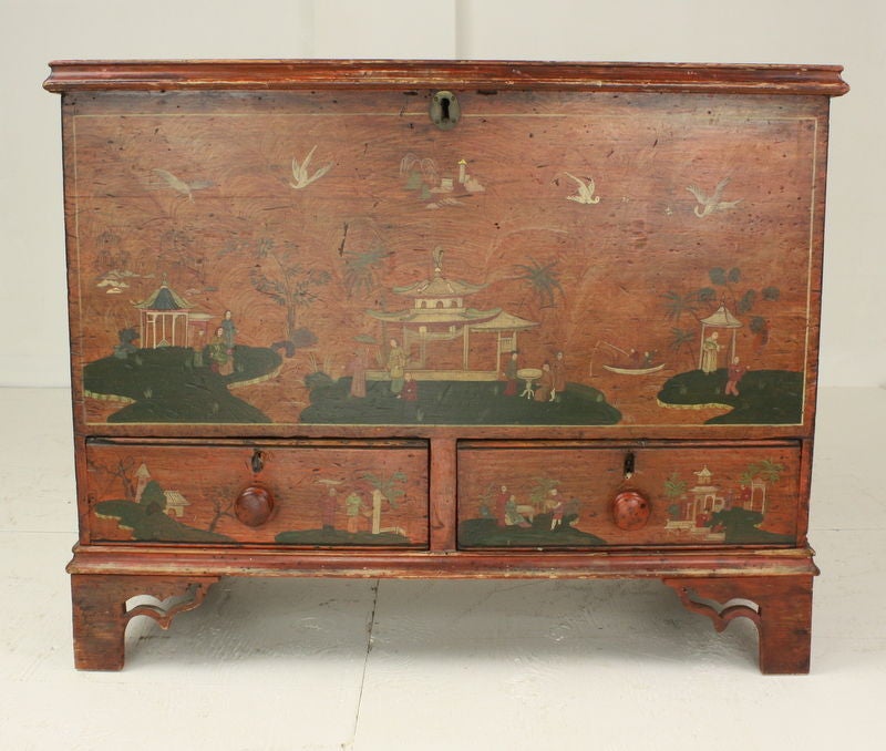 19th Century Antique English Naive Chinoiserie Red Mule Chest