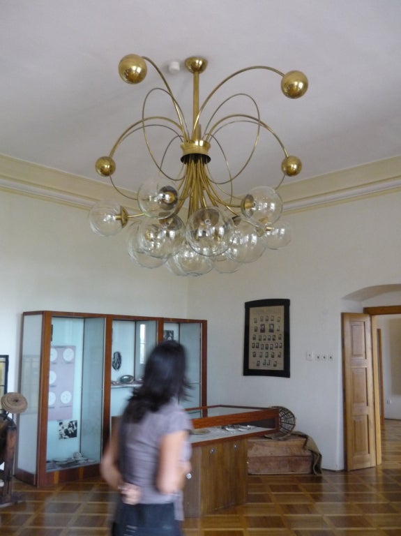 German Brass Chandelier with Circular Brass Rings and Glass Globes