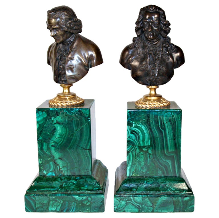 Pair of Sculpture Bronze Portrait Busts with Malachite, 19th Century