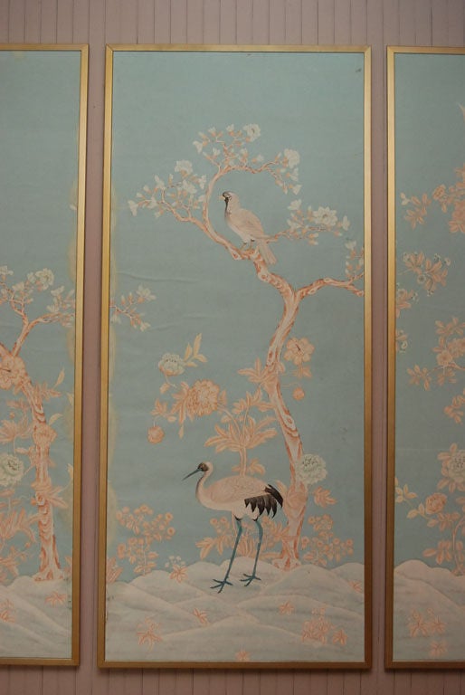 Set of Six Chinese Painted Wallpaper Panels
