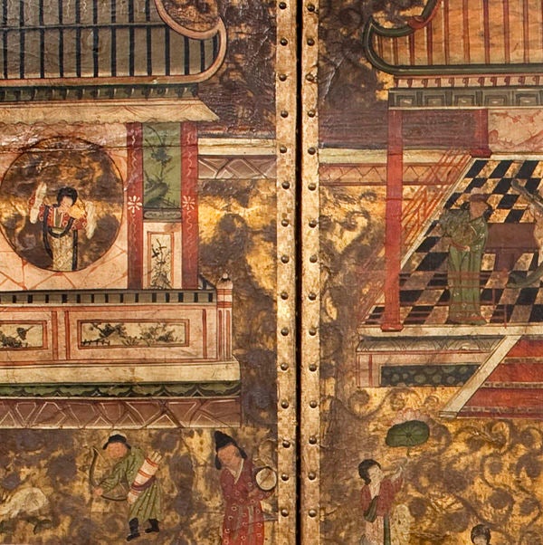 A late 18th century, early 19th century Chinoiserie leather gilt ground six fold screen, showing continuous painted panels of courtly ladies at various pursuits with pagodas, pavillions and walled gardens within a border of birds and floral sprays.