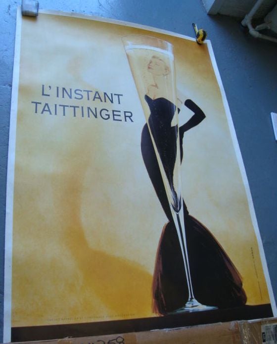 A vintage advertisement poster for Taittinger Champagne, depicting a Grace Kelly silhouette in classic Art Deco dress behind a Champagne flute. 

They make quite a stunning couple.

Inscription PUBLICIS R.C. Reims.