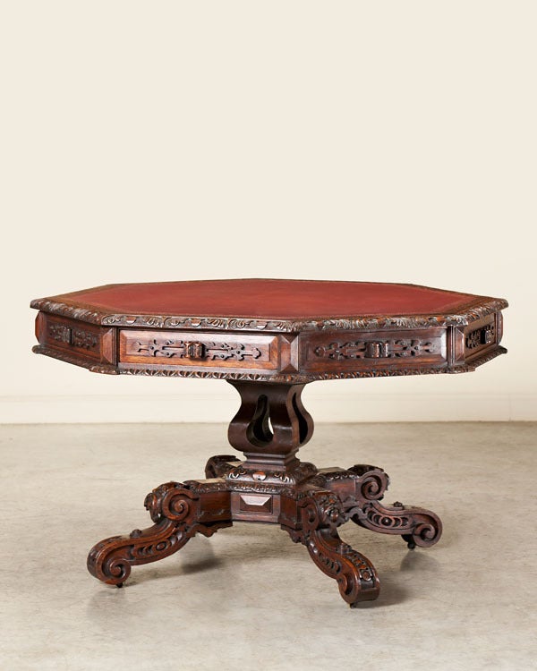 Octagonal Carved Oak Library Table with Four Drawers, England c. 1875