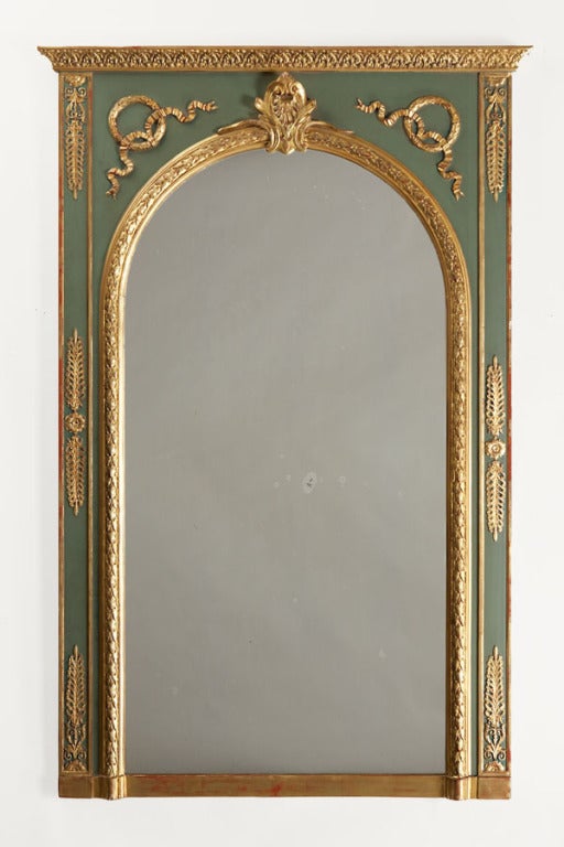 Carved Antique French Neoclassical Painted and Gilt Mirror from France circa 1895