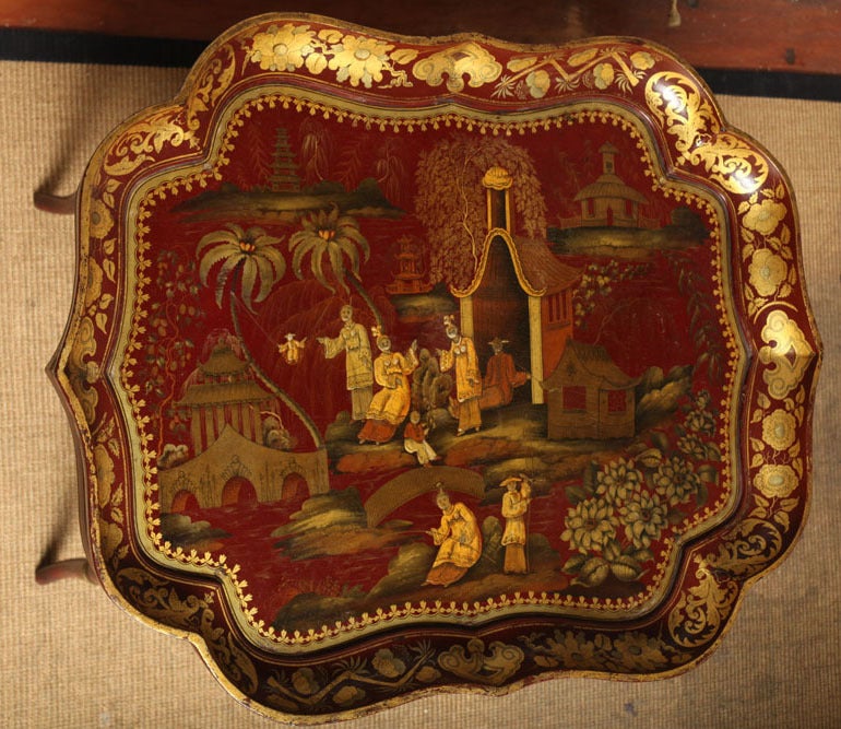 Wood Very Fine red papier mache chinoiserie tray on stand, c.1840