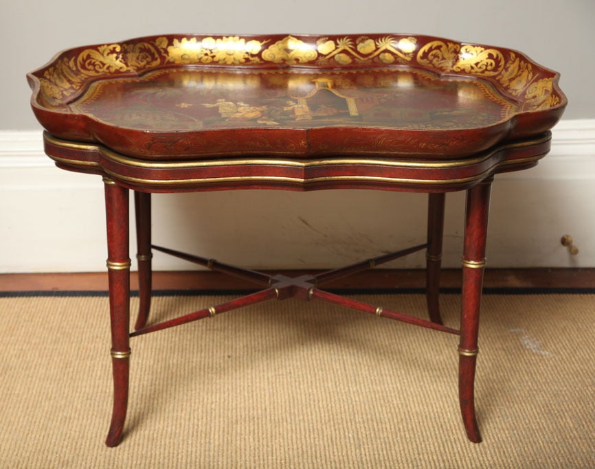 19th Century Very Fine red papier mache chinoiserie tray on stand, c.1840