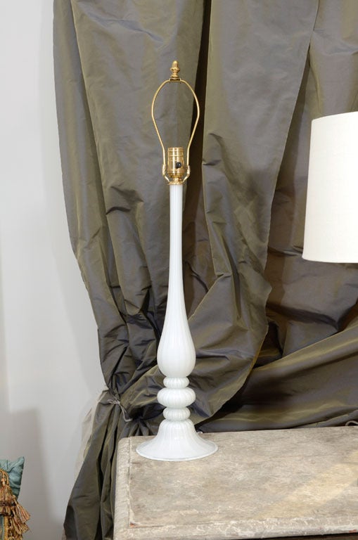 Italian Pair of Elegant Hand Blown White Murano Glass Lamps
