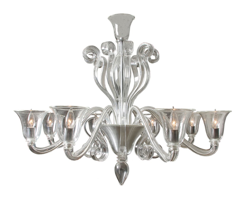 Clear Murano glass 8 arm chandelier by Bella Figura.  Chrome fittings.  40 watt max for each bulb.