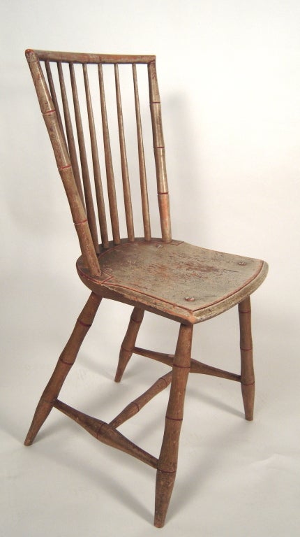 Pair of Federal period cream painted 'bamboo' rod back Windsor side chairs, circa 1810-20, in original paint with remnants of original red painted highlights, each chair with branded  