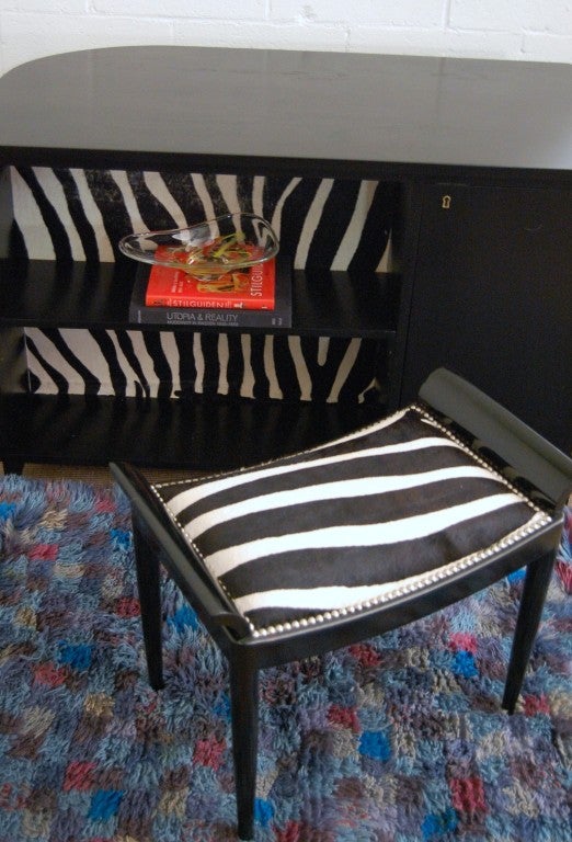 Scandinavian Modern Swedish Art Moderne Black Writing Desk with Zebra Hide Insert For Sale