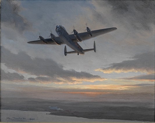 'Lancaster Bomber' (1945)

Signed by the artist and dated 1945, this original and highly atmospheric oil on canvas, depicts a lone bomber returning from a night-time sortie against a twilight sky. 

Framed with a double linen slip, with hardwood