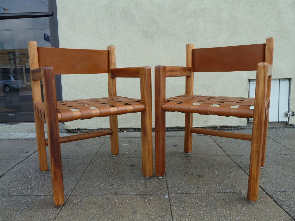 Mid-20th Century French Mid-Century Woven Seat Leather Chairs, Pair