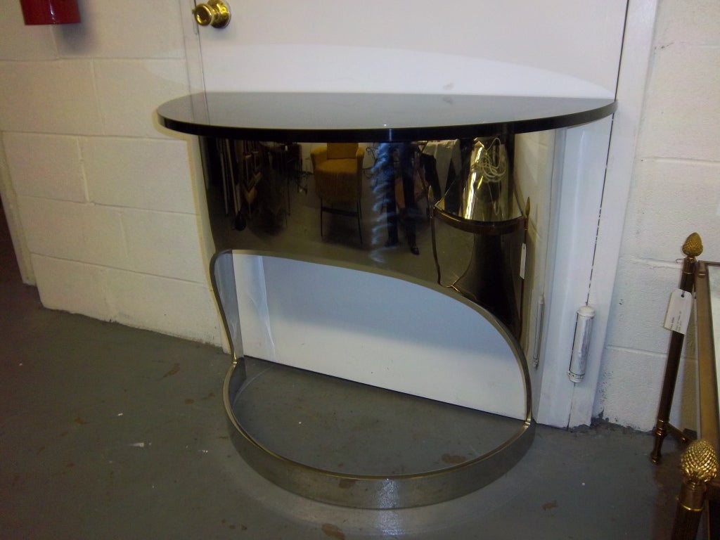 French A Pair of Modernist Demi Lune Console Tables in Nickel and Glass