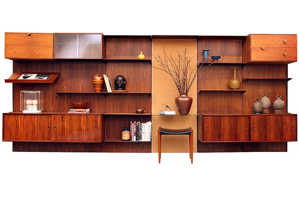 A rosewood wall unit comprised of six panels (each 30.75