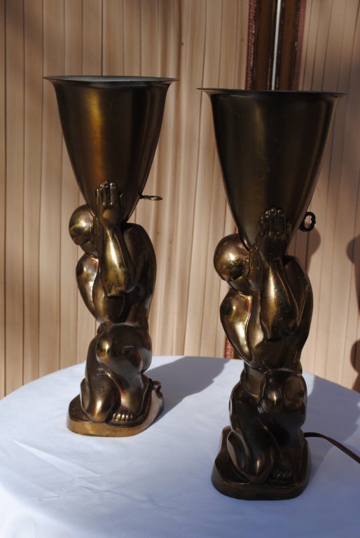 Mid-20th Century Pair of Art Deco Brutalist Torchiere Lamps