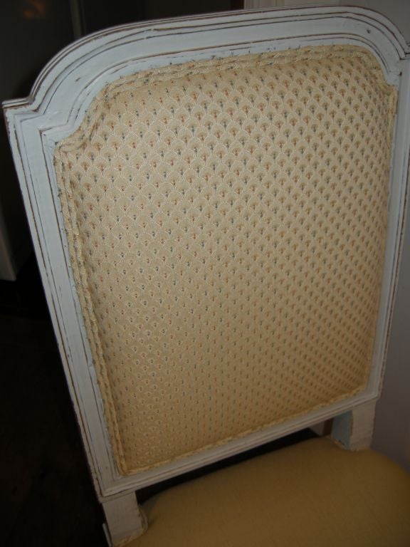 Louis XVI Style Boudoir Upholstered Bench. Slub silk seat, Cowan & Tout fabric on the sides (raised pattern). Soft blue grey wash paint, original to piece.