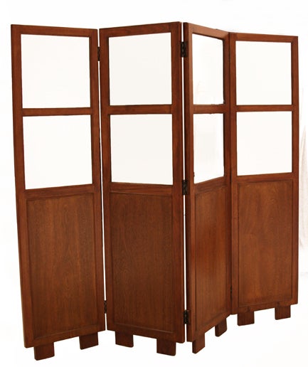 A 4 panel folding screen or room divider of Brazilian exotic hardwood with tan leather panels on one side and mirrors on the other.

Many pieces are stored in our warehouse, so please click on CONTACT DEALER under our logo below to find out if the
