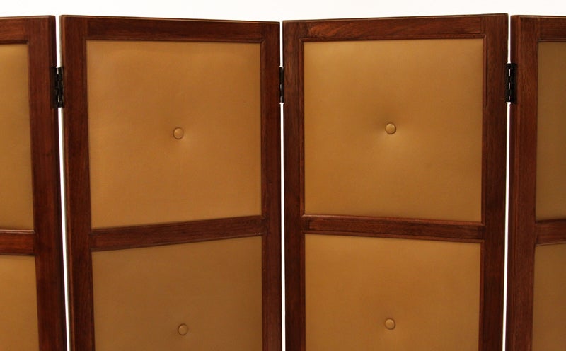 Mid-20th Century Brazilian Imbuia and Leather Folding Screen or Room Divider For Sale