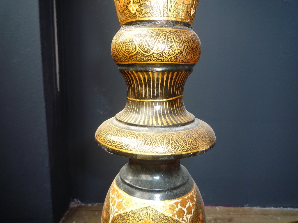 Kashmir Standard Lamp, Not inclusive of the shade.
Kashmir is a region of Northern India. The Papier Mache Decorative Style was introduced from Persia in the 15th Century. 
The colours are obtained by grinding and soaking vegetable dyes in