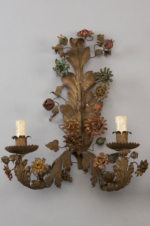 Pair of Large French Painted Tole Two-Light Sconces