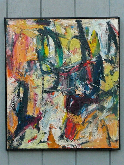Period abstract oil on canvas by Karl Kasten (1916-2010).
Classic abstract expressionism rears it's head, calling to mind the slash and burn of DeKooning and Kline and carrying forward the legacy of Hans Hoffman.
Artist signed and titled,