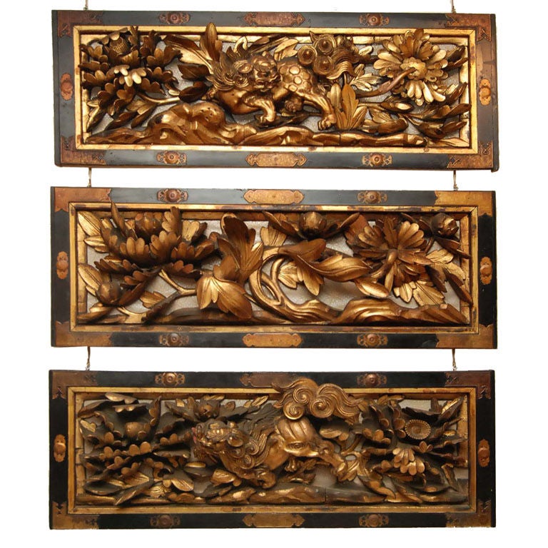 Japanese wood carving panel (Ranma) gilded wood <br />
with black lacquer frame with bonze mounts.  Three pieces, each with different design.  Prices are for each.
